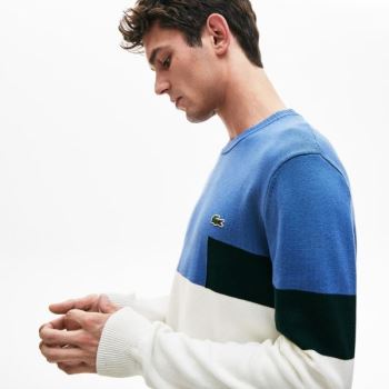 Lacoste Crew Neck Colorblock Wool And Cotton Blend Sweater - Svetr Pánské Bílé / Blankyt / Zelene |